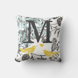 Vintag-Graugelbe Lovebird-Bläsermonogramm Kissen