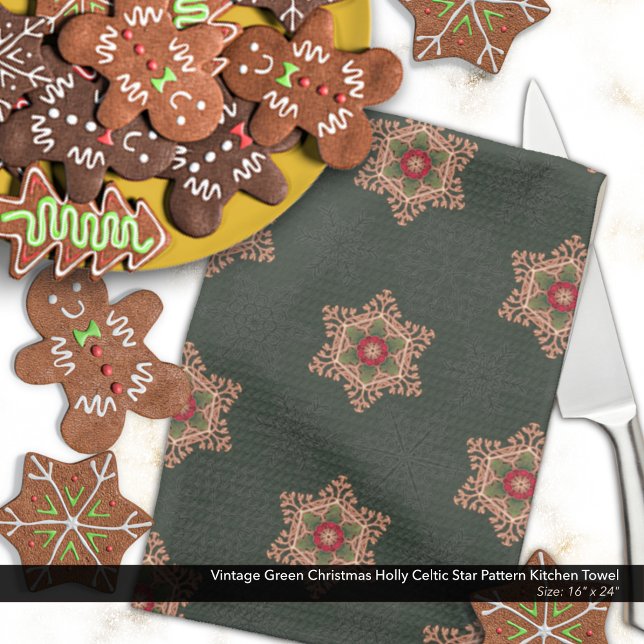 Vintag Green Christmas Holly Celtic Star Pattern Geschirrtuch (Vintage Christmas Kitchen Towel with Holly and Celtic-style Star Pattern in Green.)