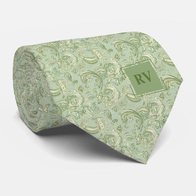 Vintag Green Floral Paisley Pattern Krawatte (Gerollt)