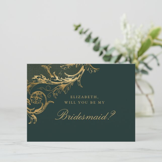 Vintag Green Gold Floral Damask Bridesmaid Einladung (Stehend Vorderseite)