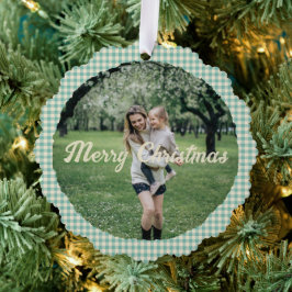 Vintag Green Kariert Gingham Rustikales Foto Weihn Ornament Karte