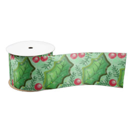 Vintag Green Red Holly Leaf Satinband