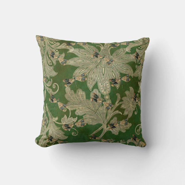Vintag Green Tan Damask Blumendrachenfliegen Kissen (Vorderseite)