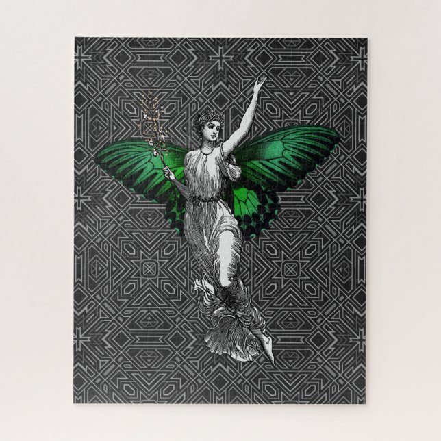 Vintag Green Wing Fairy Art Deco Puzzle (Vertikal)