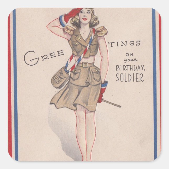 Vintag Greetings Girl Birthday Soldier Quadratischer Aufkleber (Vorderseite)
