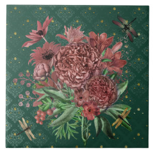 Vintag-grüne Rosa-Flora-Libellen Fliese