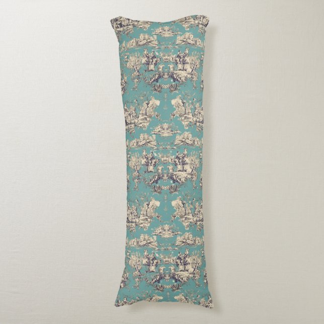 Vintag-grünes aquamarines Jouy-Monogramm Seitenschläferkissen (Vorderseite Vertikal)