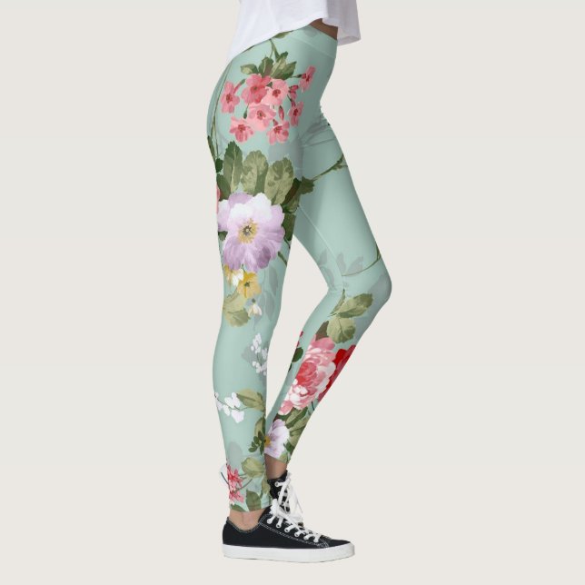 Vintag grünes Blumendesign Leggings (Rechts)