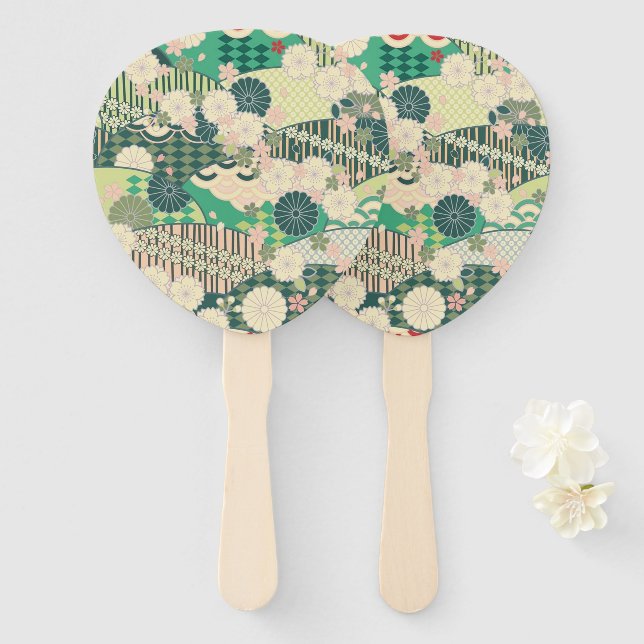 Vintag-grünes Rosa-Blume Kimono Fächer (Vorne und Hinten)