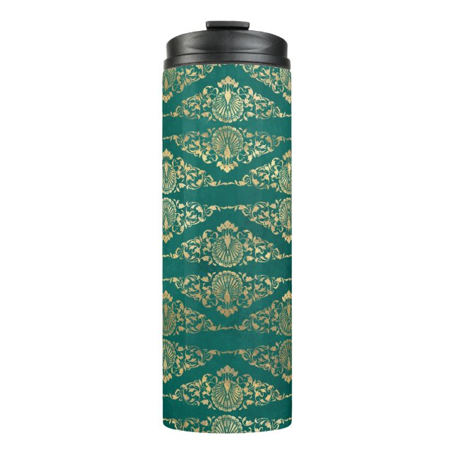 Vintag Grunge Aquamarin und Gold Damask Thermosbecher (Vorderseite)