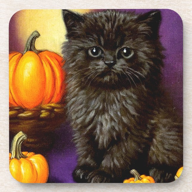 Vintag Halloween Kitten Getränkeuntersetzer (Vorderseite)