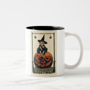 Vintag-Halloween-klein-Mädchen-Hexe-Kürbis-schwa Zweifarbige Tasse