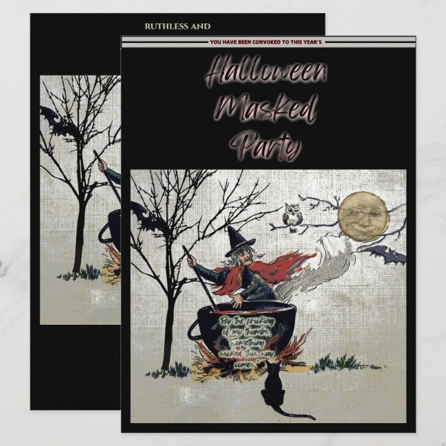 Vintag Halloween Masked Party Hexe Cauldron Einladung (Vorne/Hinten)