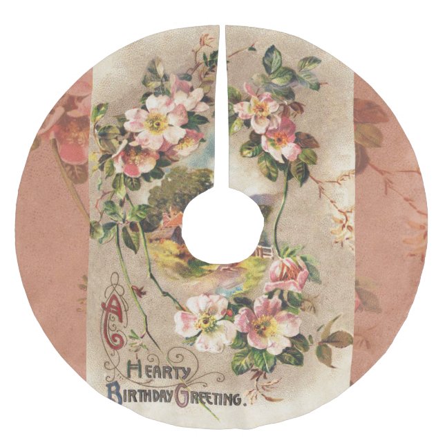 Vintag Happy Birthday Card Artwork Polyester Weihnachtsbaumdecke (Vorderseite)