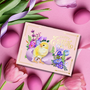 Vintag Happy Easter Baby Chick und Floral Folien Feiertagspostkarte