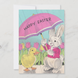 Vintag Happy Easter Chick Bunny Floral Feiertagskarte