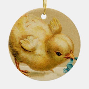 Vintag Happy Easter Chick mit Blauen Blumen Keramik Ornament
