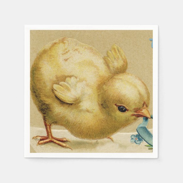 Vintag Happy Easter Chick mit Blauen Blumen Serviette (Vorderseite)