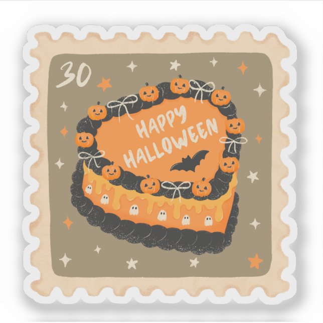 Vintag Happy Halloween Cake Briefmarke Aufkleber (Vorderseite)