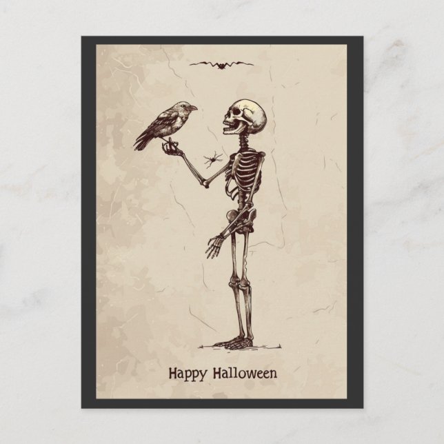 Vintag Happy Halloween Creepy Skeleton Bird Postkarte (Vorderseite)