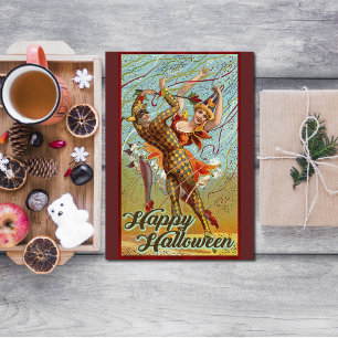 Vintag Happy Halloween Dancing in Jester Kostüm Karte