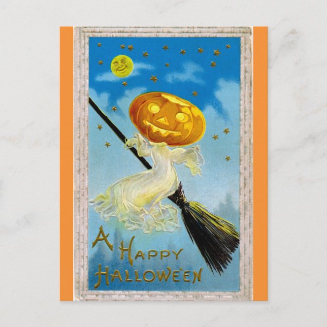 Vintag Happy Halloween Pumpkin Hexe Postkarte (Vorderseite)