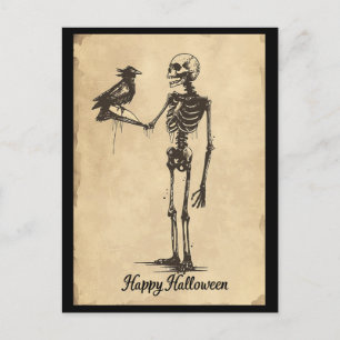 Vintag Happy Halloween Spooky Skeleton Black Bird Postkarte