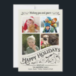 Vintag Happy Holidays - 4-Foto-Flat Card Feiertagskarte<br><div class="desc">Mattierte Fensterscheibe Weihnachtsfeiertag flache Grußkarten mit vier Fotorahmen. Freuen Sie sich auf einen erholsamen Retro-Stil mit invertiertem Kalkboard-Stil auf elegantem, weißem Hintergrund mit extravaganten, heiligen Schriftrollen und rustikalen altmodischen typografischen Schriftzügen. Klicken Sie auf Anpassen, um den Innenrahmen für unterschiedliche Fotos oder ungerade Formen anzupassen. Fügen Sie Ihre Lieblings-Ferien Familie Fotos...</div>