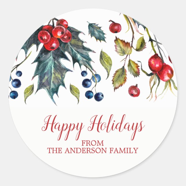 Vintag Happy Holidays Holly Berry Sticker (Vorderseite)