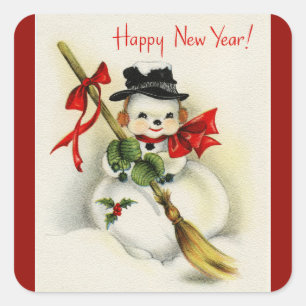 Vintag Happy New Year Snowman Red Quadratischer Aufkleber