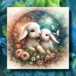 Vintag Happy Oaster Bunny Lamb Religiös Feiertagskarte