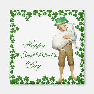 Vintag Happy St. Patricks Day Hat Boy Hugs Lamb Magnet