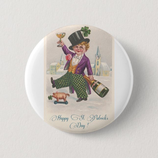 Vintag Happy St Patricks Day Kleeblatt Champagne Button (Vorderseite)