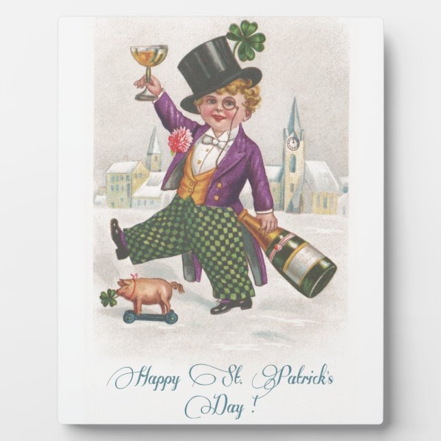 Vintag Happy St Patricks Day Kleeblatt Champagne Fotoplatte (Vorderseite)