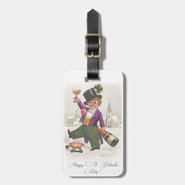 Vintag Happy St Patricks Day Kleeblatt Champagne Gepäckanhänger (Vorderseite vertikal)