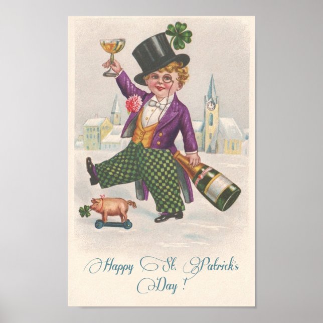 Vintag Happy St Patricks Day Kleeblatt Champagne Poster (Vorne)