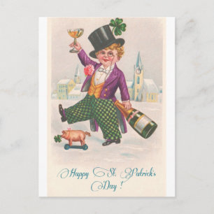 Vintag Happy St Patricks Day Kleeblatt Champagne Postkarte