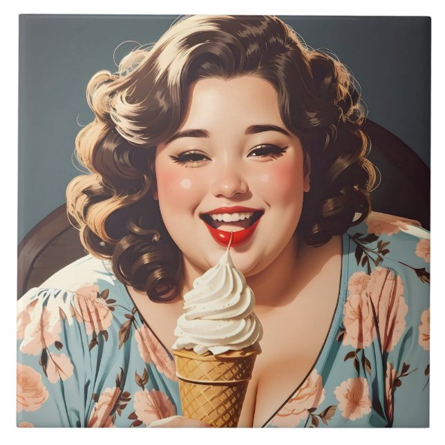Vintag Happy Woman Eating Ice Creme Fliese (Vorderseite)