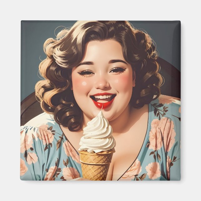 Vintag Happy Woman Eating Ice Creme Magnet (Vorne)