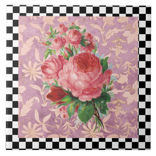 Vintag Harlequin Pink Roses Fliese (Vorderseite)