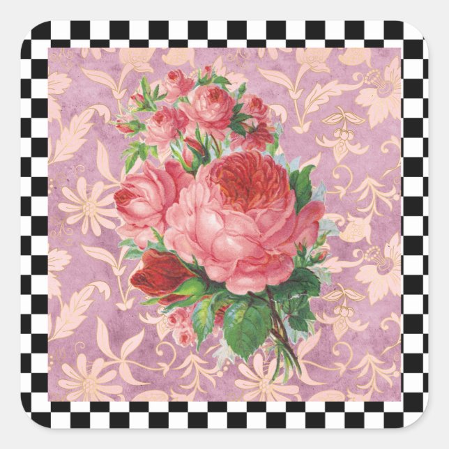 Vintag Harlequin Pink Roses Quadratischer Aufkleber (Vorderseite)