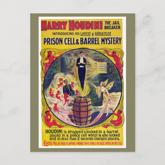 Vintag Harry Houdini Prison Cell & Barrel Mystery Postkarte (Vorderseite)