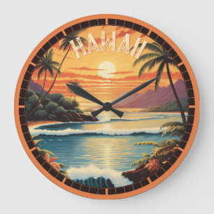 Vintag Hawaii Sonnenuntergang Malerei Sea Beach Ha Große Wanduhr