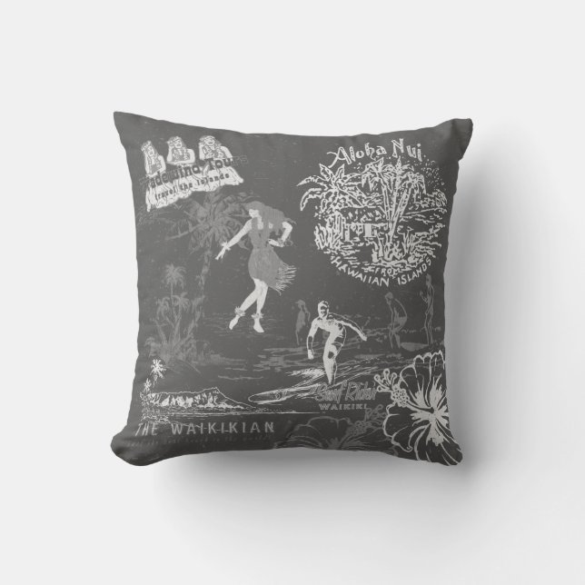 Vintag Hawaiian Travel Collage Grau reversible Kissen (Vorderseite)