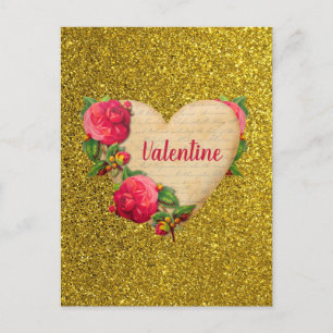 Vintag Heart Gold Glitzer Valentinstag Card Postkarte