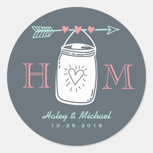 Vintag Heart Mason Jar Monogram Wedding Sticker (Vorderseite)
