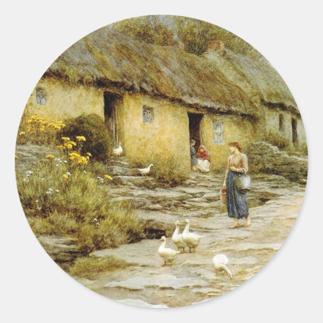 Vintag Helen Allingham Irish Hütte Runder Aufkleber (Vorderseite)