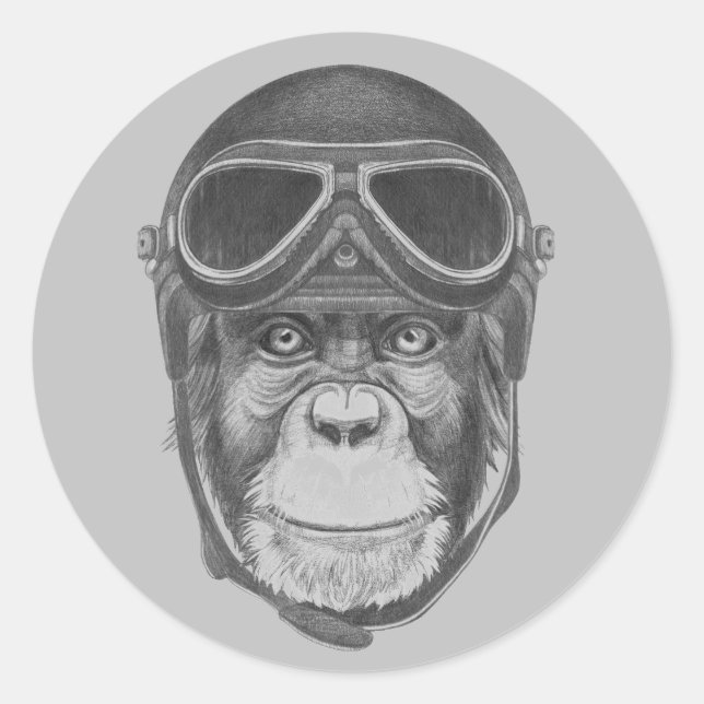 Vintag Helmet Chimpanzee Runder Aufkleber (Vorderseite)