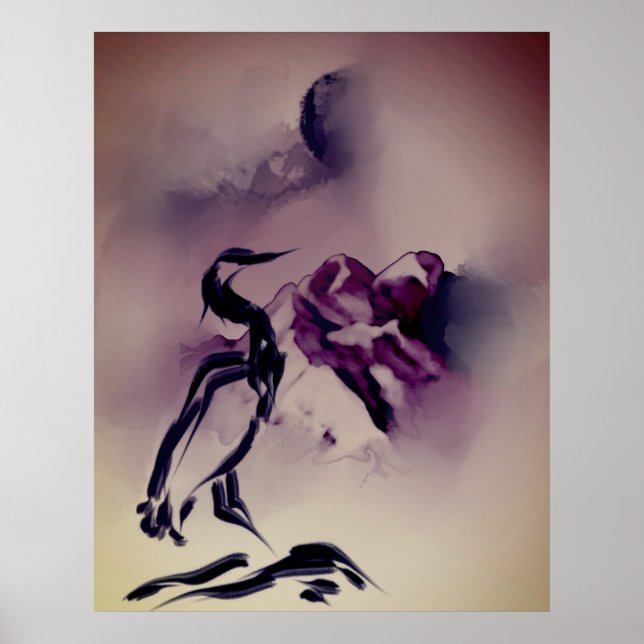 Vintag Heron Bird Mountains Malerei Landschaft Poster (Vorne)