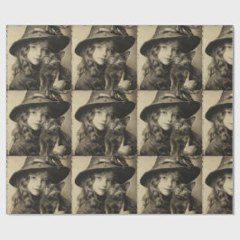 Vintag Hexenmädchen mit Cat Halloween Samhain Geschenkpapier